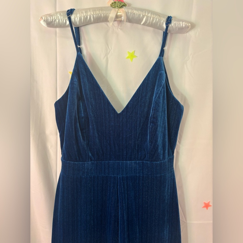 4SI3NNA Midnight Blue Velour Wide Leg Jumpsuit Size S‎